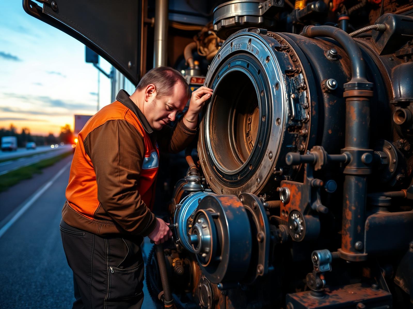 Diesel mechanic working on a truck engine